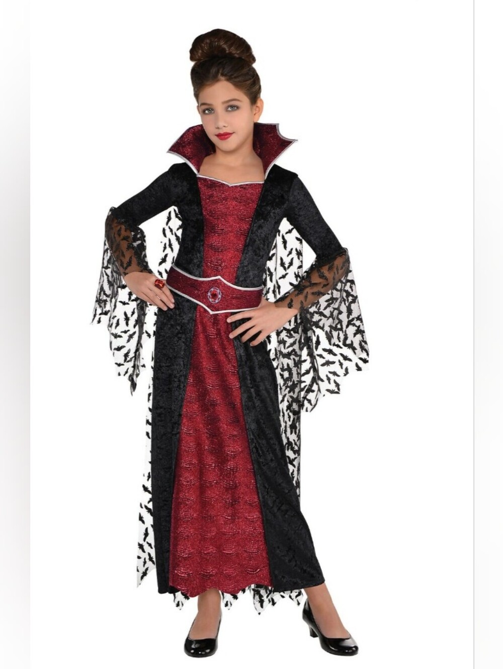 Girls Coffin Queen Vampire Dracula Dress Gown Costume - - Bat Lace Sleeves